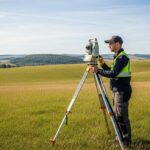 Professional land surveyor using a total station for a topographic survey in an open field