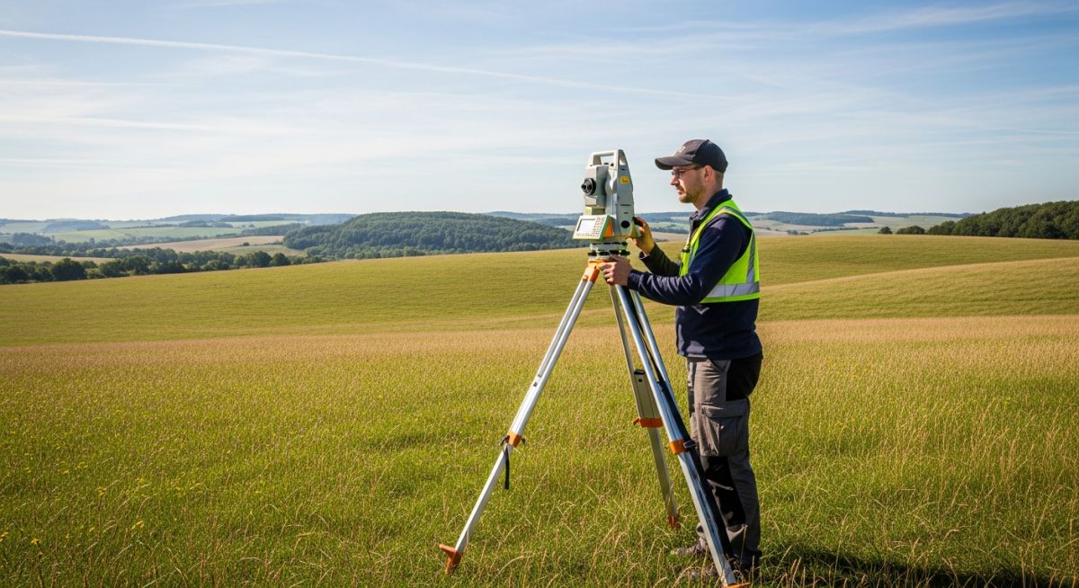 Professional land surveyor using a total station for a topographic survey in an open field
