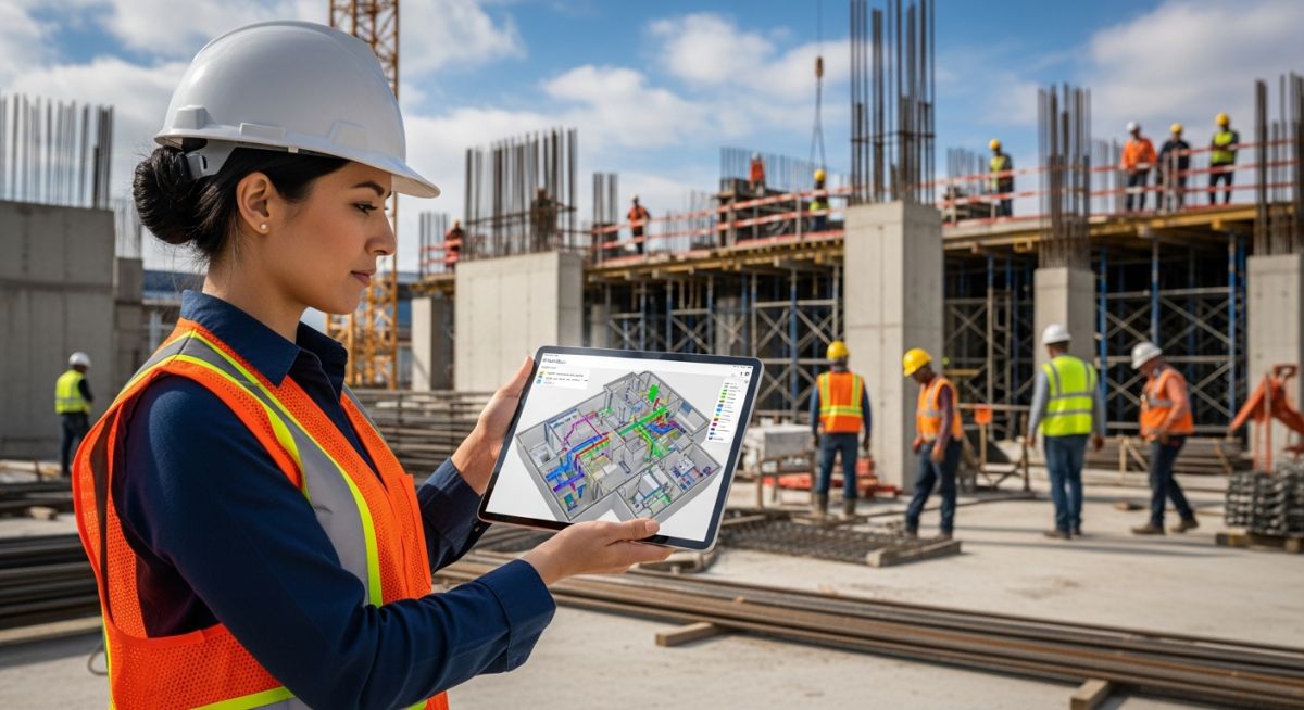 MEP engineer in a hard hat reviewing 3D building schematics on a tablet at a construction site.