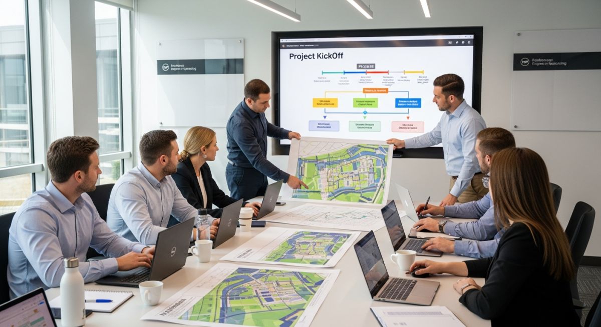 Project kick-off meeting discussion in engineering project planning room