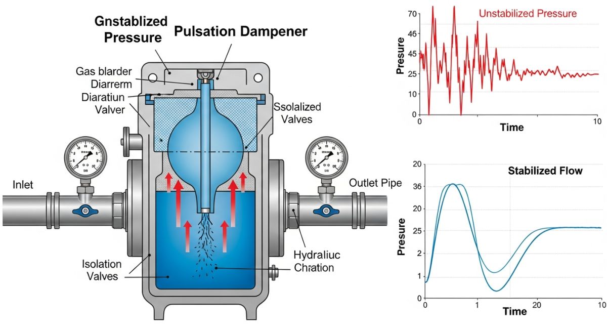 Technical schematic of a bladder-type pulsation dampener working principle