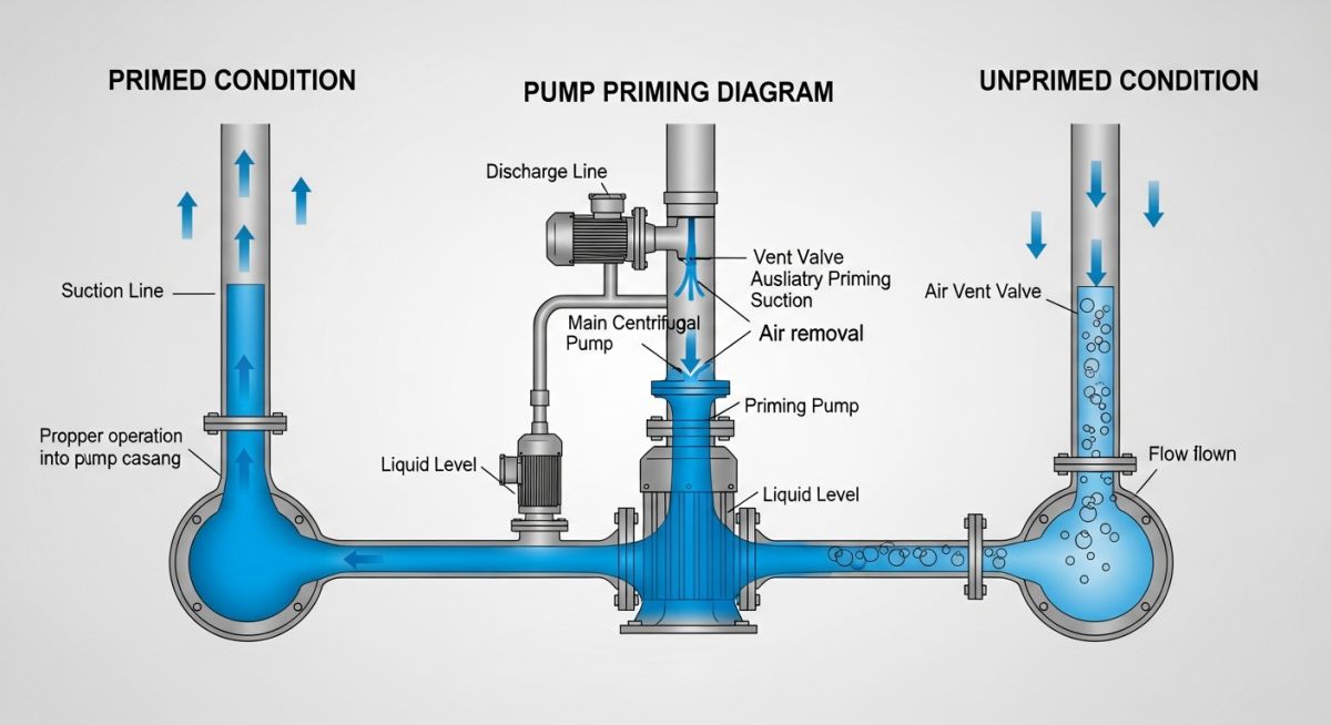 Pump priming diagram showing air removal and liquid filling in centrifugal pump suction line