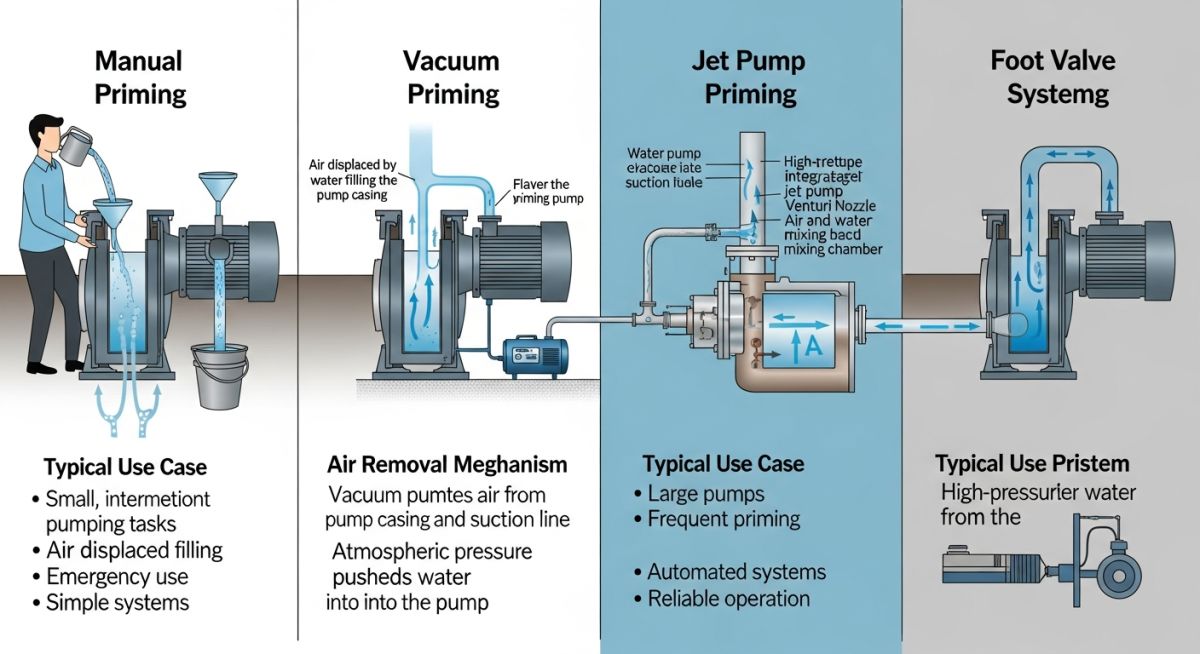Different pump priming methods including vacuum pump, jet pump and foot valve systems