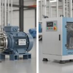 Side-by-side comparison of an industrial centrifugal pump and a rotary screw compressor.