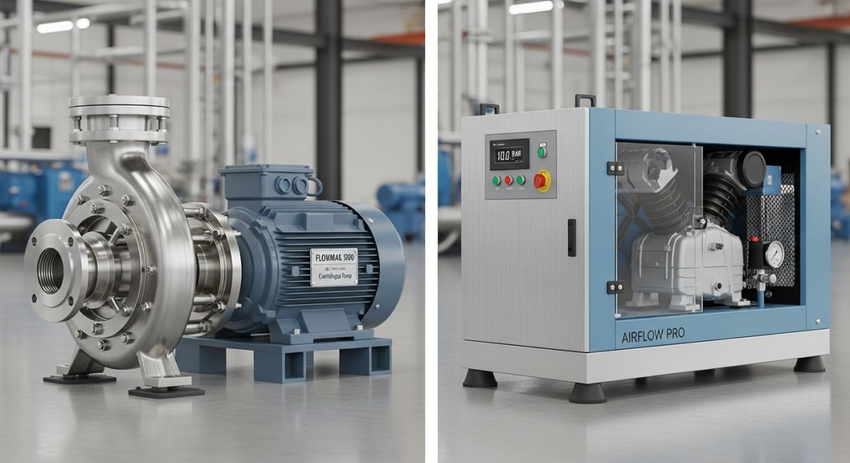 Side-by-side comparison of an industrial centrifugal pump and a rotary screw compressor.
