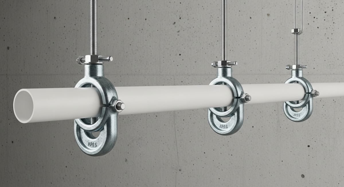 Technical diagram of PVC piping support span and hanger installation details