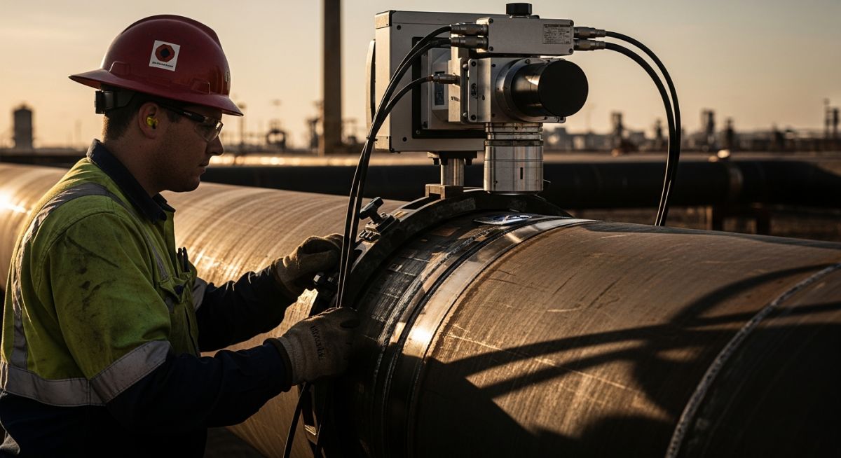 NDT technician performing radiographic testing on an industrial pipeline weld.