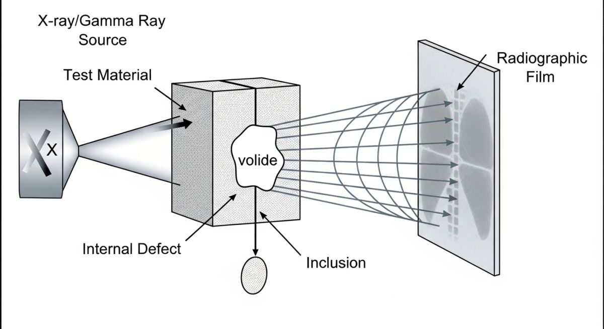 Technical schematic of radiographic testing working principle showing radiation source, weld specimen with defect, and film detector