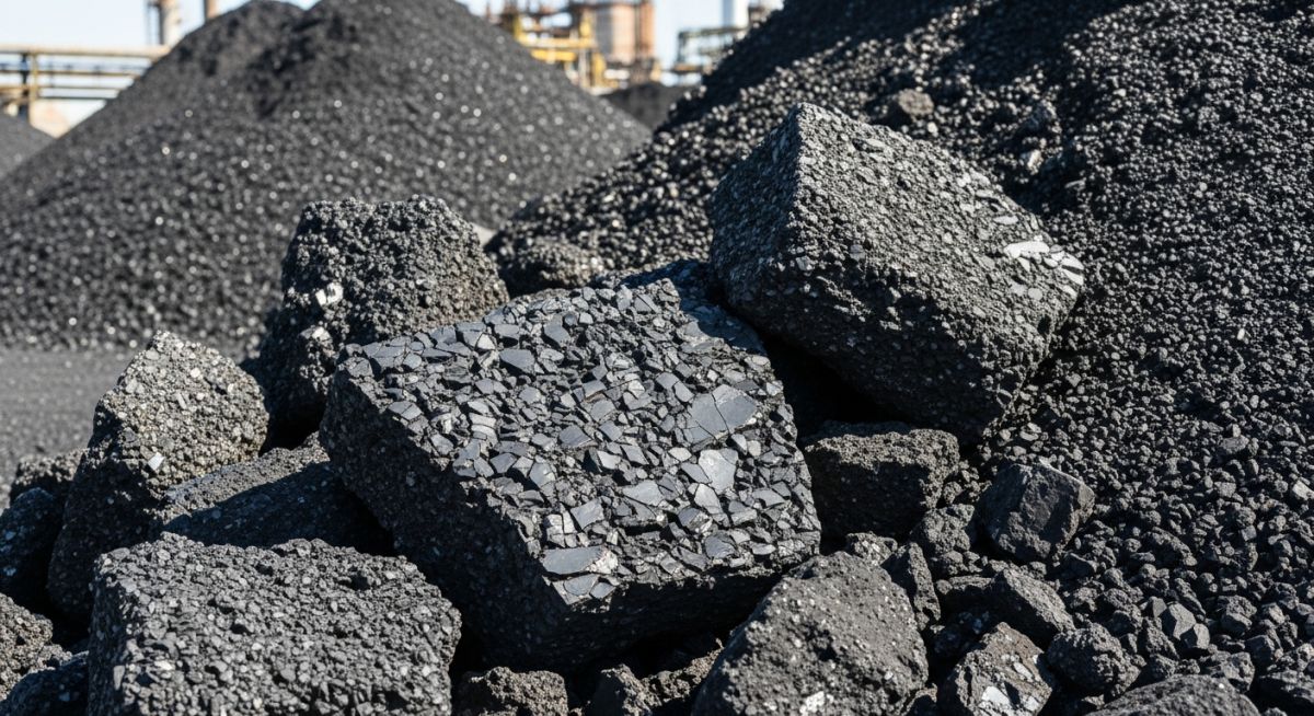 Raw black petroleum coke piles at an industrial refinery yard