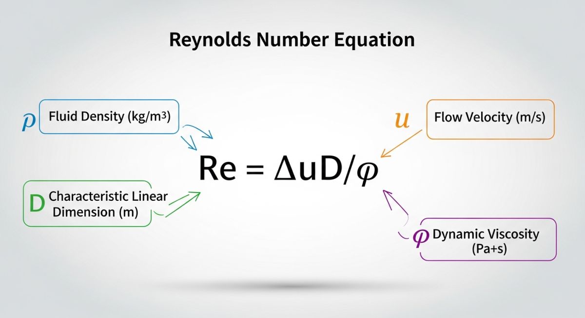 Detailed breakdown of the Reynolds number formula variables including density, velocity, diameter, and dynamic viscosity