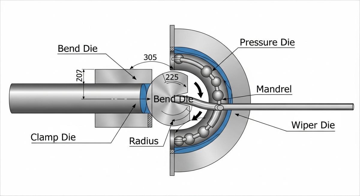 Rotary draw tube bending tooling setup diagram