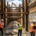 Deep construction excavation site featuring steel trench shields and shoring systems for cave-in prevention.