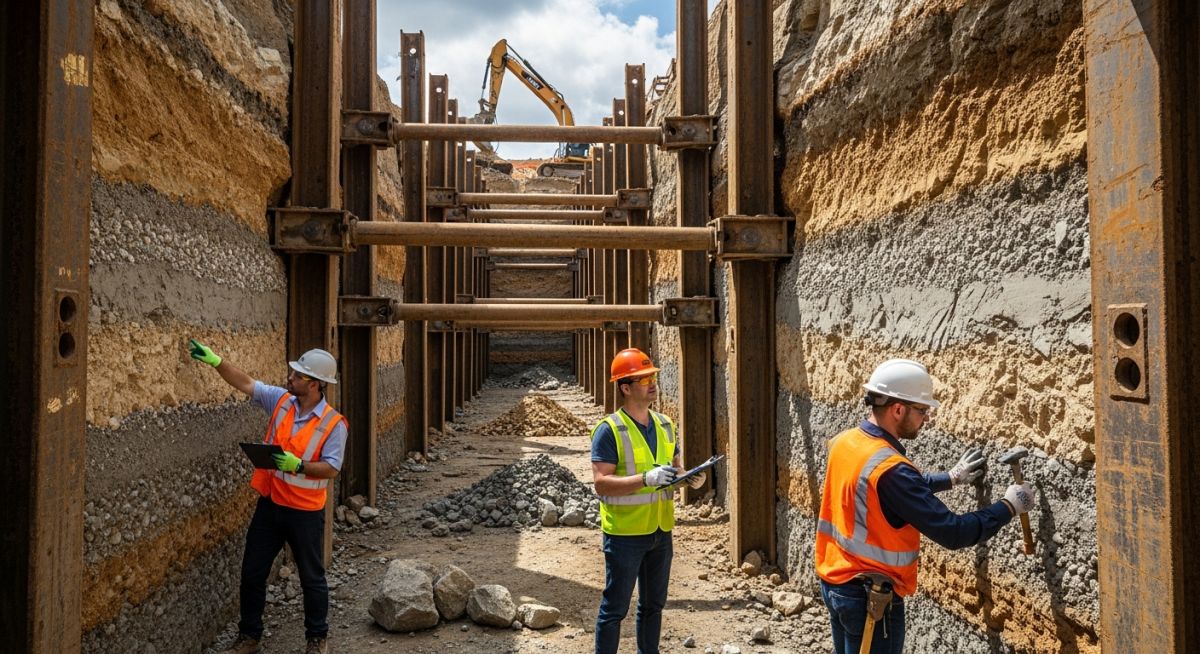 Deep construction excavation site featuring steel trench shields and shoring systems for cave-in prevention.