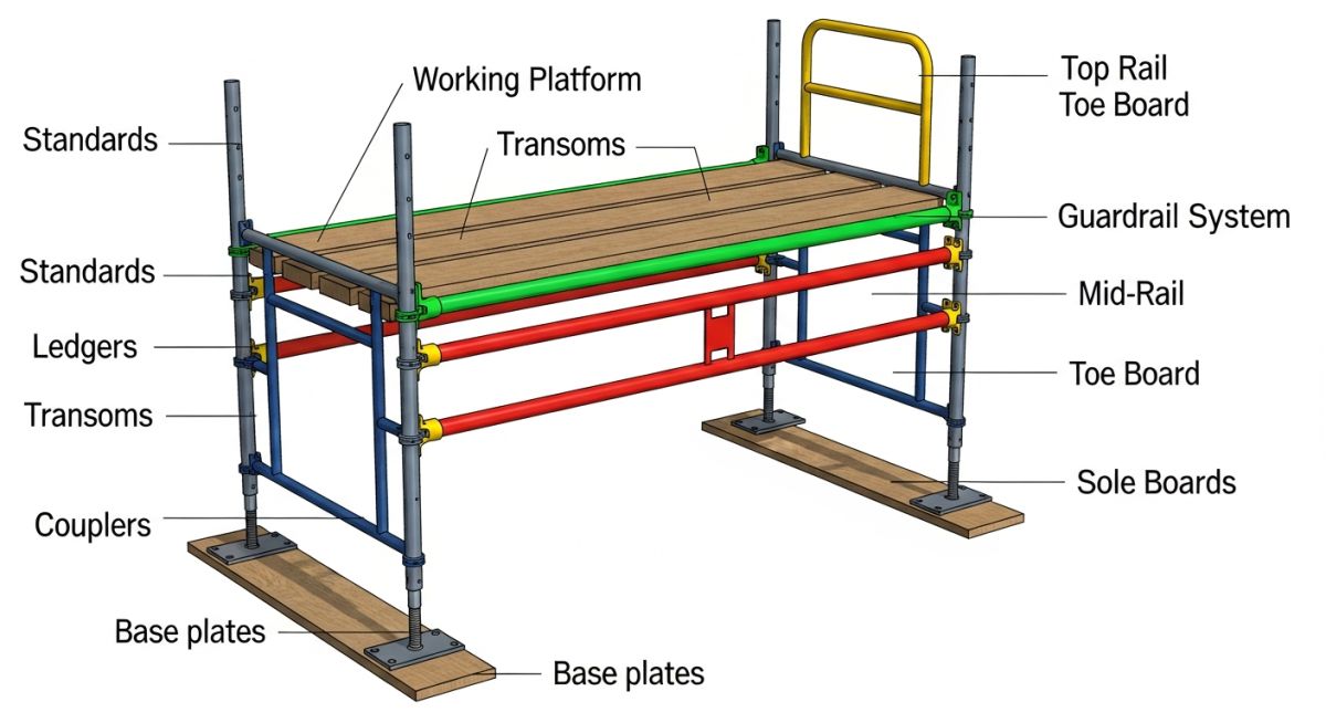 Technical diagram showing scaffolding parts including standards, ledgers, transoms, and bracing