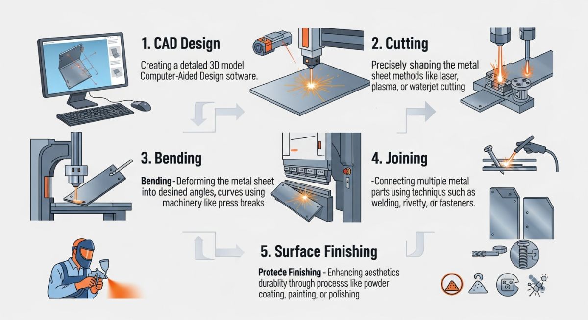 Step-by-step sheet metal fabrication process infographic