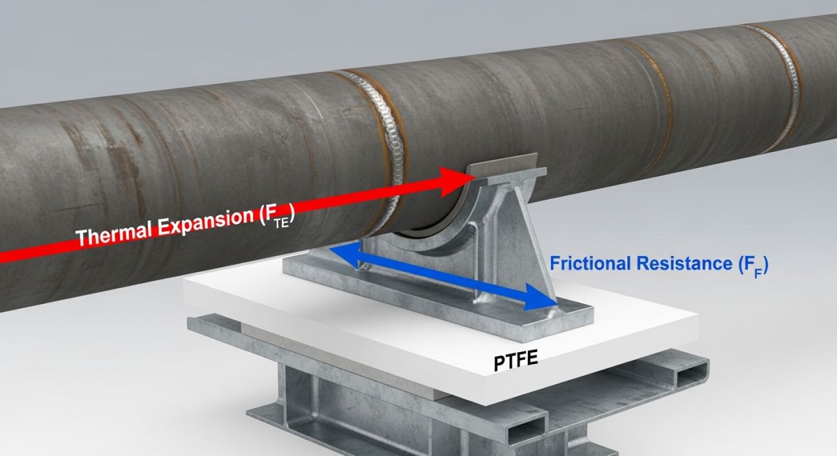 3D CAD render of a sliding pipe support with PTFE slide plate and force vectors