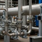 Industrial small-bore piping system with engineered supports branching from a main header.