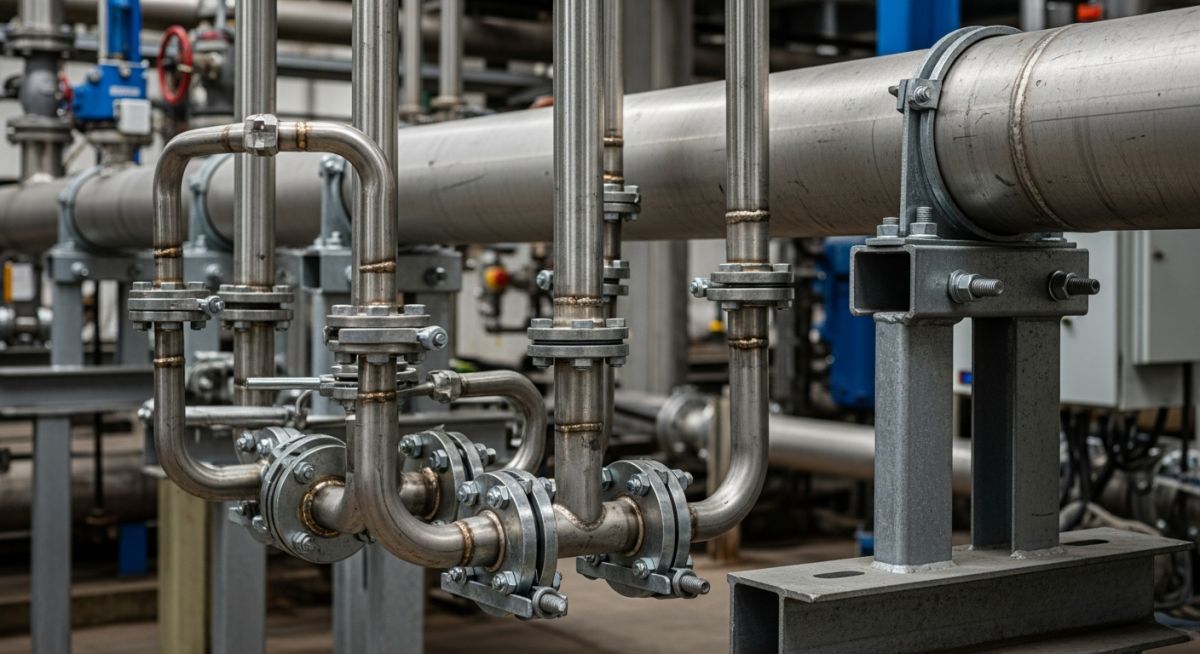 Industrial small-bore piping system with engineered supports branching from a main header.
