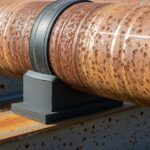 SmartPads system installed on a steel pipeline under a pipe support to prevent external corrosion.
