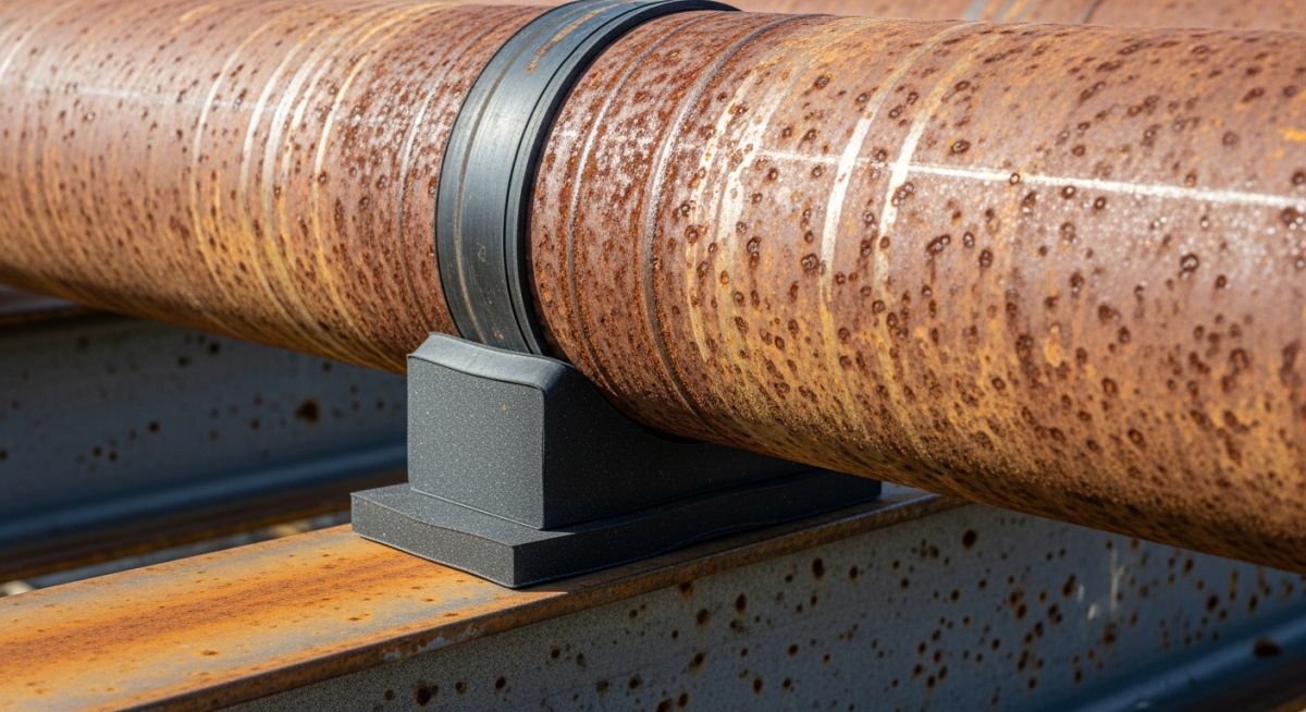 SmartPads system installed on a steel pipeline under a pipe support to prevent external corrosion.