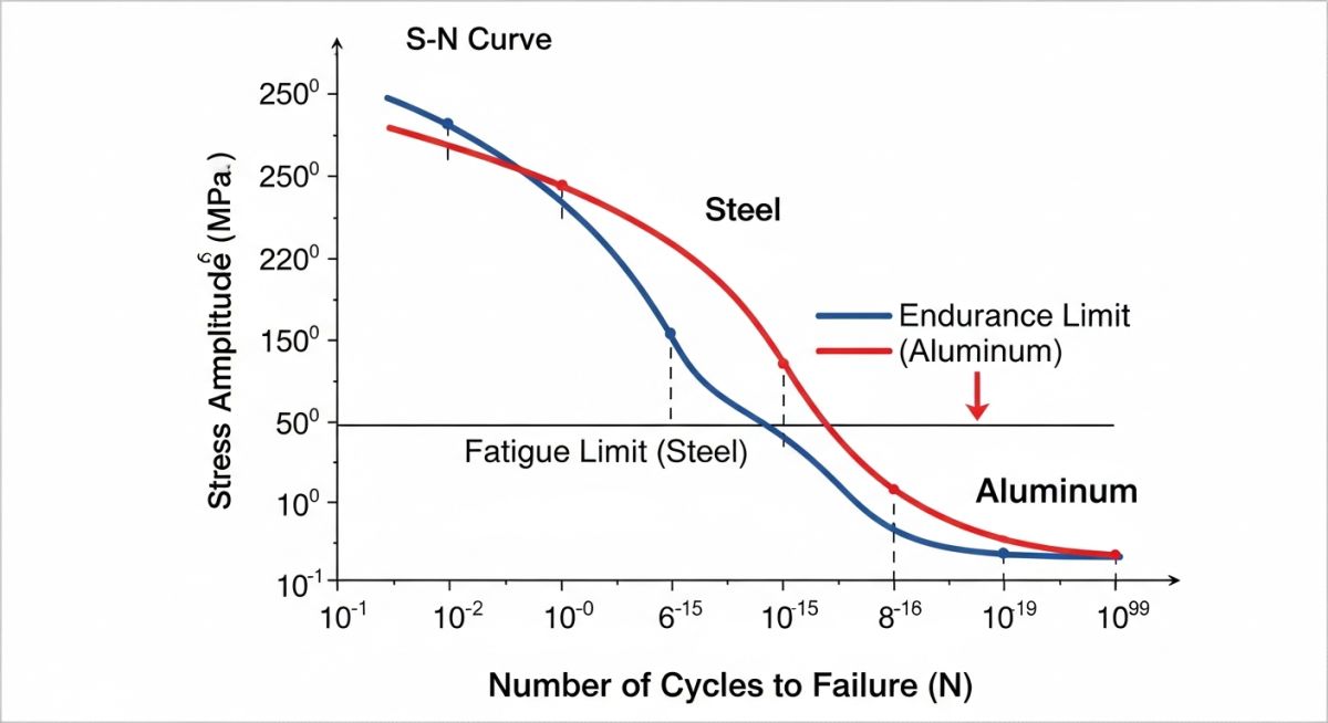 S-N Curve diagram showing fatigue limit and endurance limit for steel and aluminum