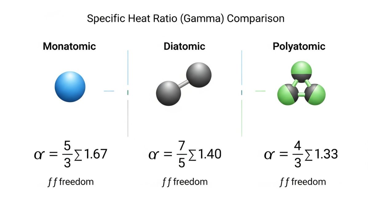 Technical chart comparing specific heat ratios of monatomic, diatomic, and polyatomic gases across temperatures