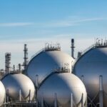 Spherical liquefied petroleum gas storage tanks at an industrial refinery.