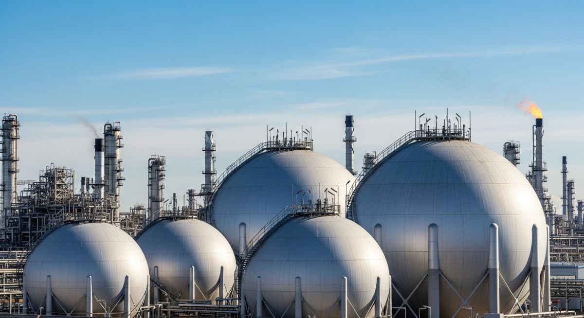 Spherical liquefied petroleum gas storage tanks at an industrial refinery.