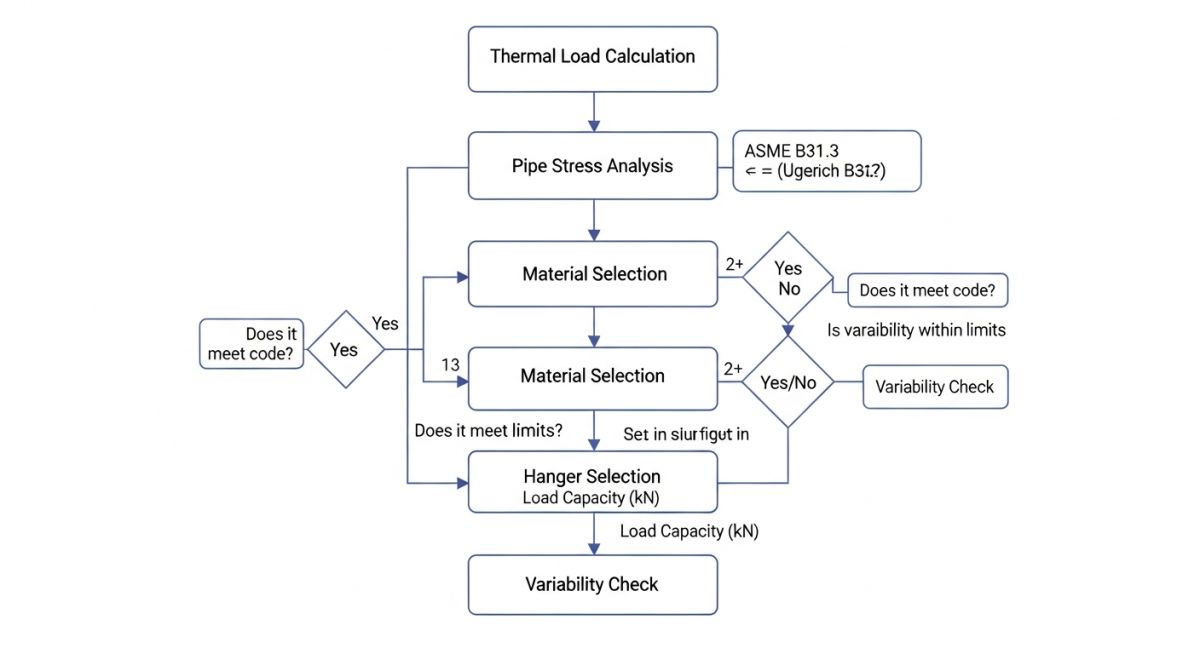 Spring hanger selection procedure flowchart showing decision steps for variable vs constant springs
