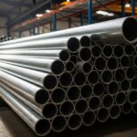 Stack of newly manufactured galvanized steel pipes in an industrial warehouse