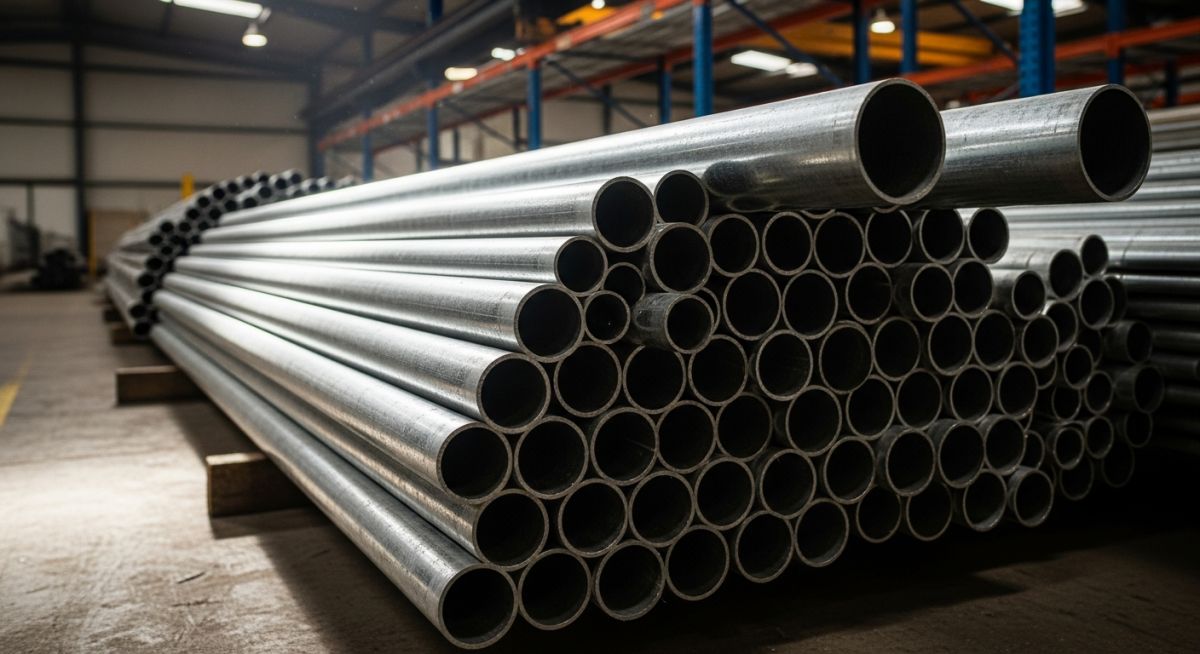 Stack of newly manufactured galvanized steel pipes in an industrial warehouse