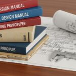 A stack of professional piping engineering handbooks and blueprints on a desk.