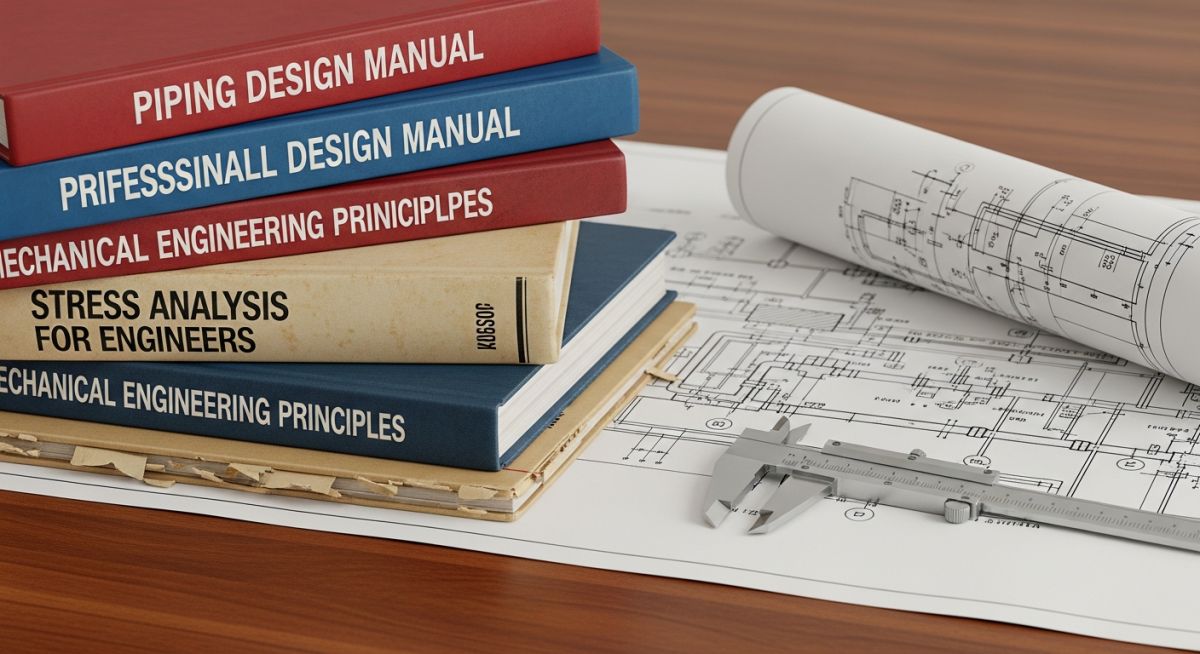 A stack of professional piping engineering handbooks and blueprints on a desk.