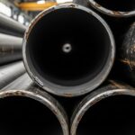 Stacked industrial black steel pipes with dark iron oxide coating in a warehouse