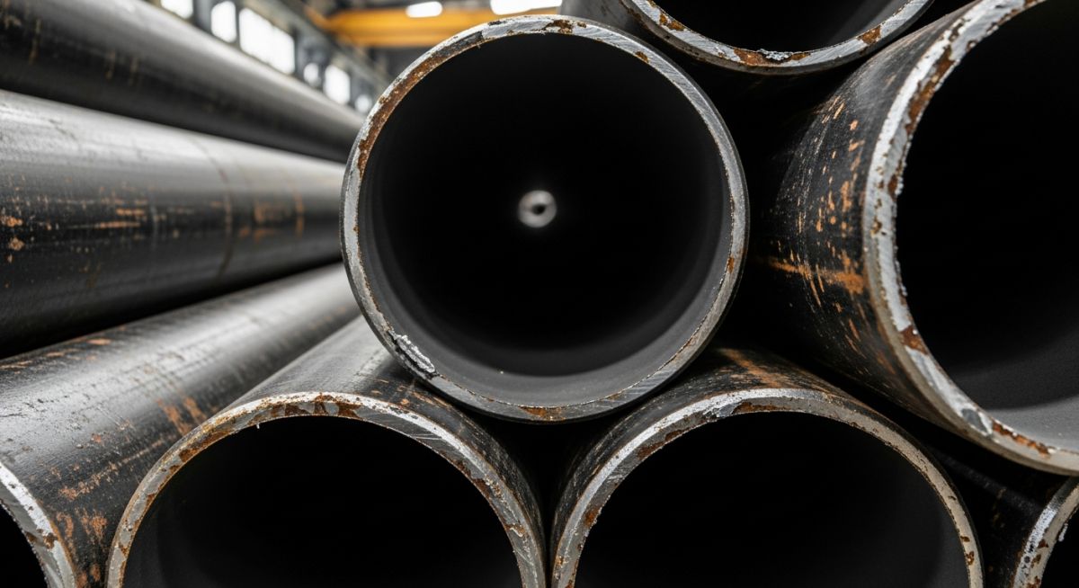 Stacked industrial black steel pipes with dark iron oxide coating in a warehouse