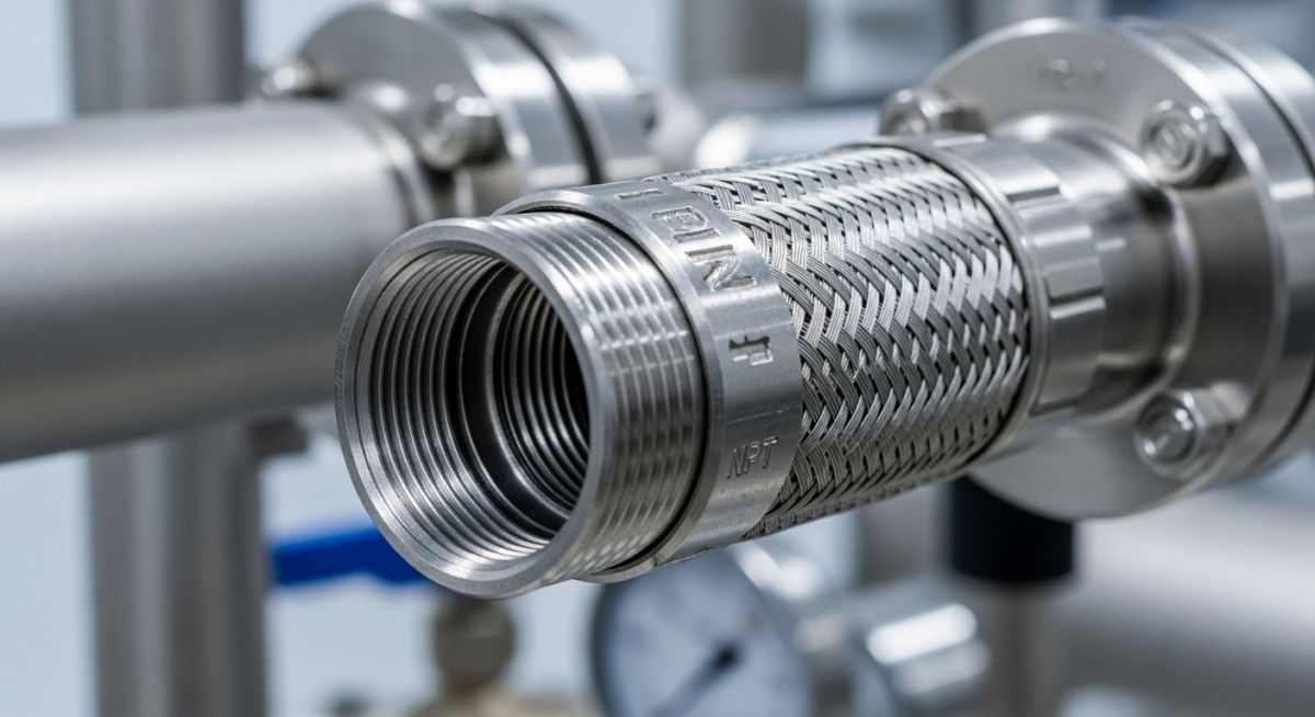 Stainless steel braided flexible metal hose installed in an industrial piping system