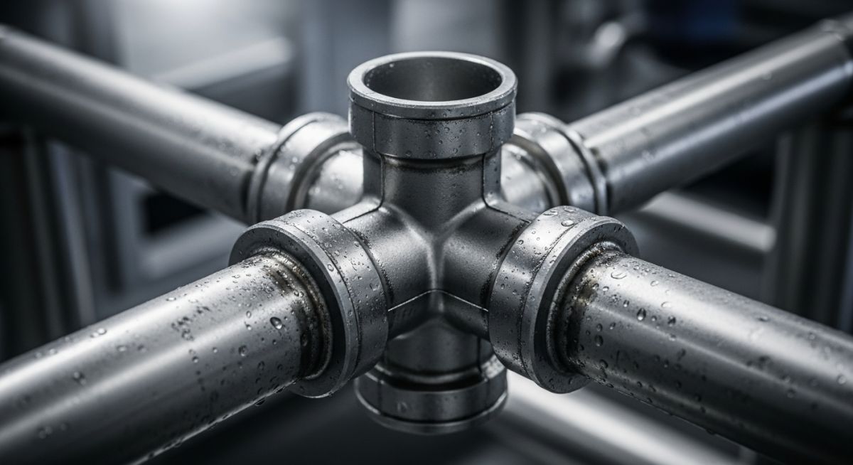 A stainless steel four-way pipe cross fitting connecting four industrial pipes in a distribution system.