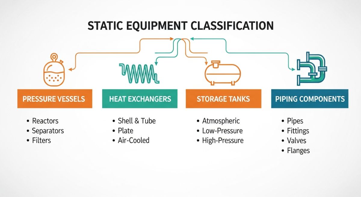 Static equipment types and classification chart including pressure vessels, heat exchangers, and storage tanks