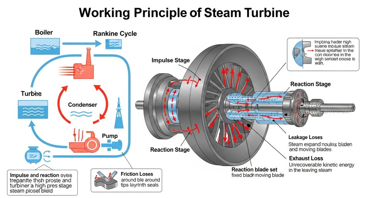 Steam turbine working principle diagram showing Rankine cycle impulse and reaction stages with losses