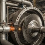 Industrial steam turbines in refinery showing large turbine casing and piping system
