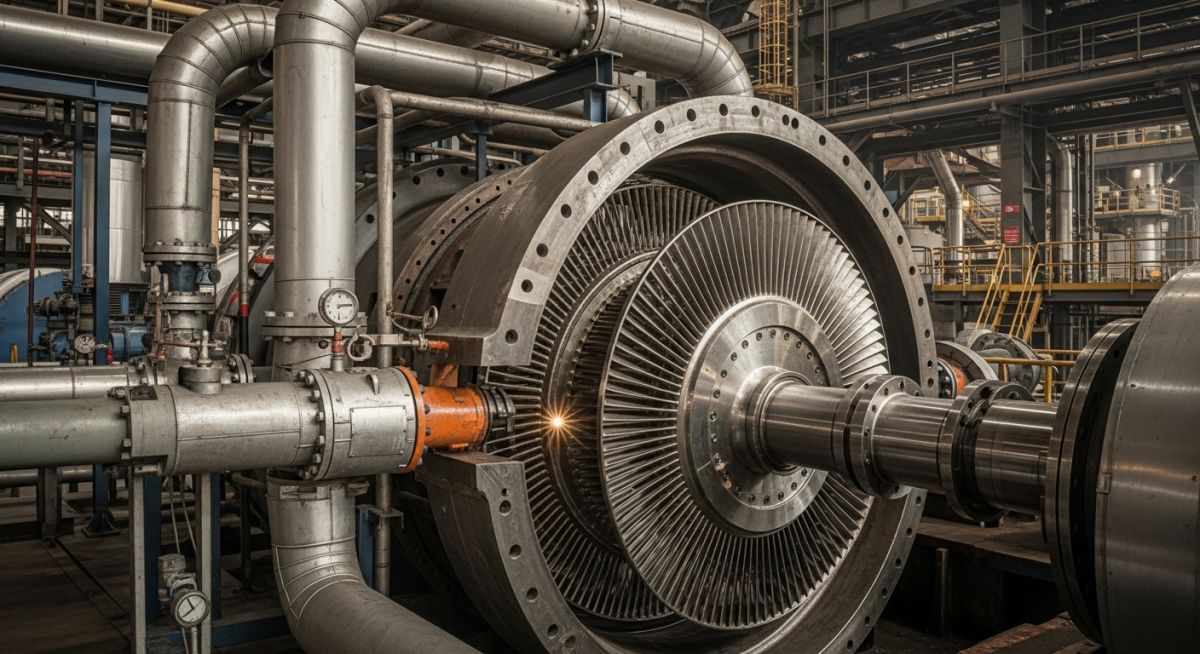 Industrial steam turbines in refinery showing large turbine casing and piping system