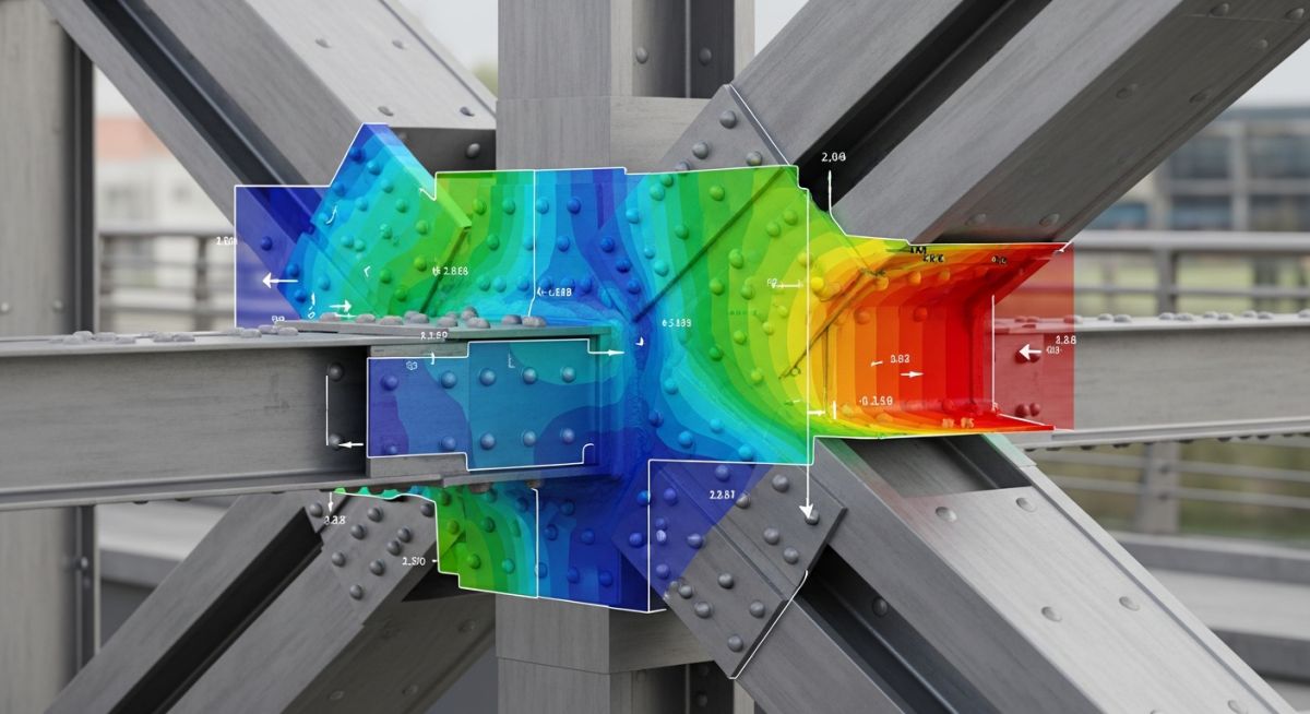 Steel bridge structure with digital stress analysis overlay representing factor of safety.