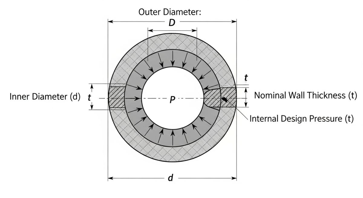 Steel pipe cross-section calculation diagram showing nominal thickness, minimum thickness, and corrosion allowance