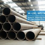Stacked industrial steel pipes with a digital overlay of the pipe weight calculation formula.