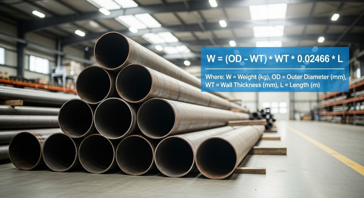 Stacked industrial steel pipes with a digital overlay of the pipe weight calculation formula.