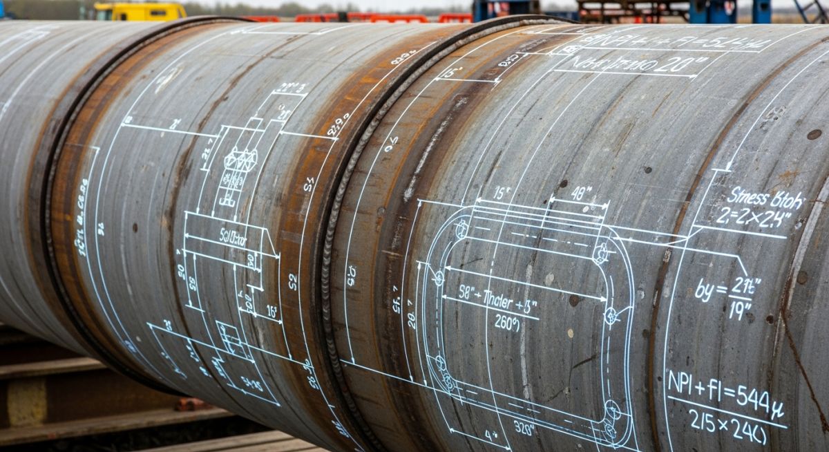 Industrial steel pipeline with engineering blueprint overlay showing wall thickness calculations.