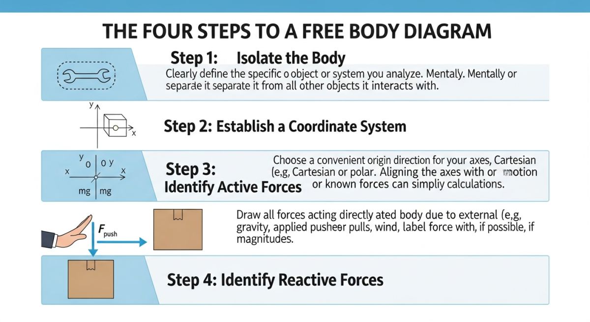 Infographic detailing the step-by-step process of drawing a free body diagram for structural analysis