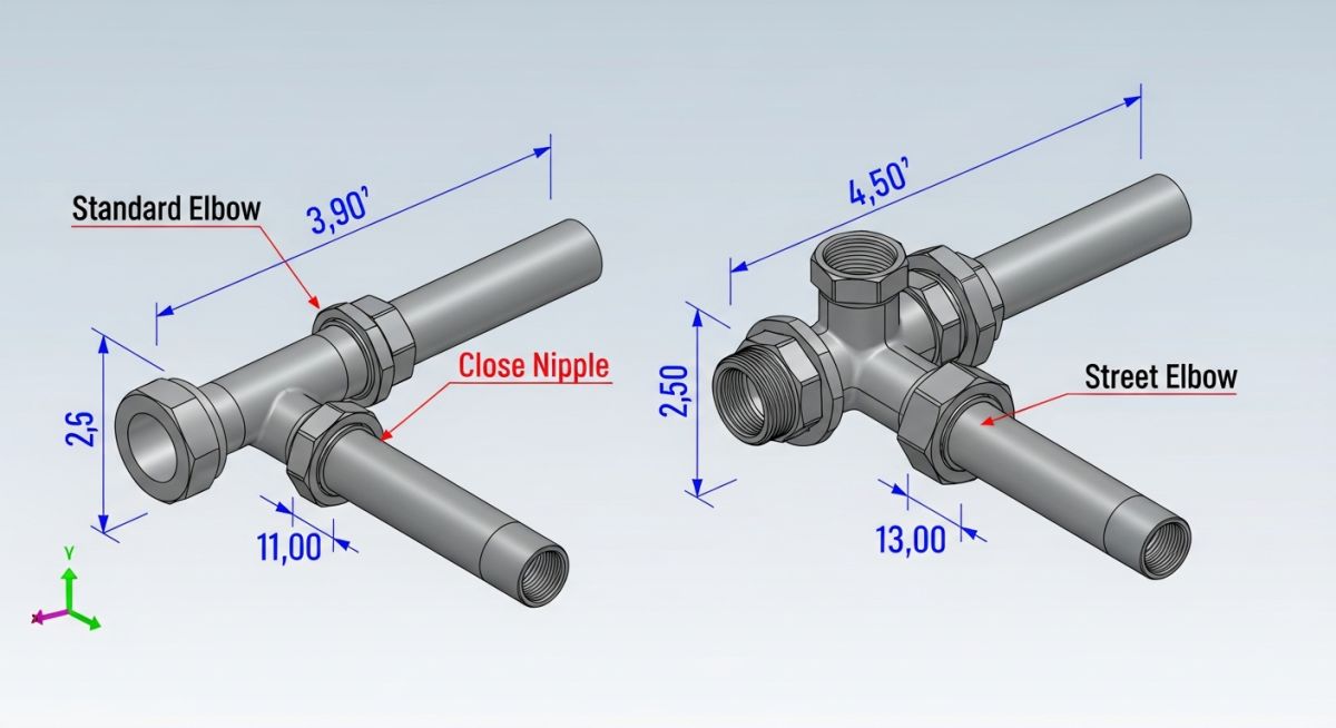 Technical diagram showing space savings of street elbow versus standard elbow with close nipple