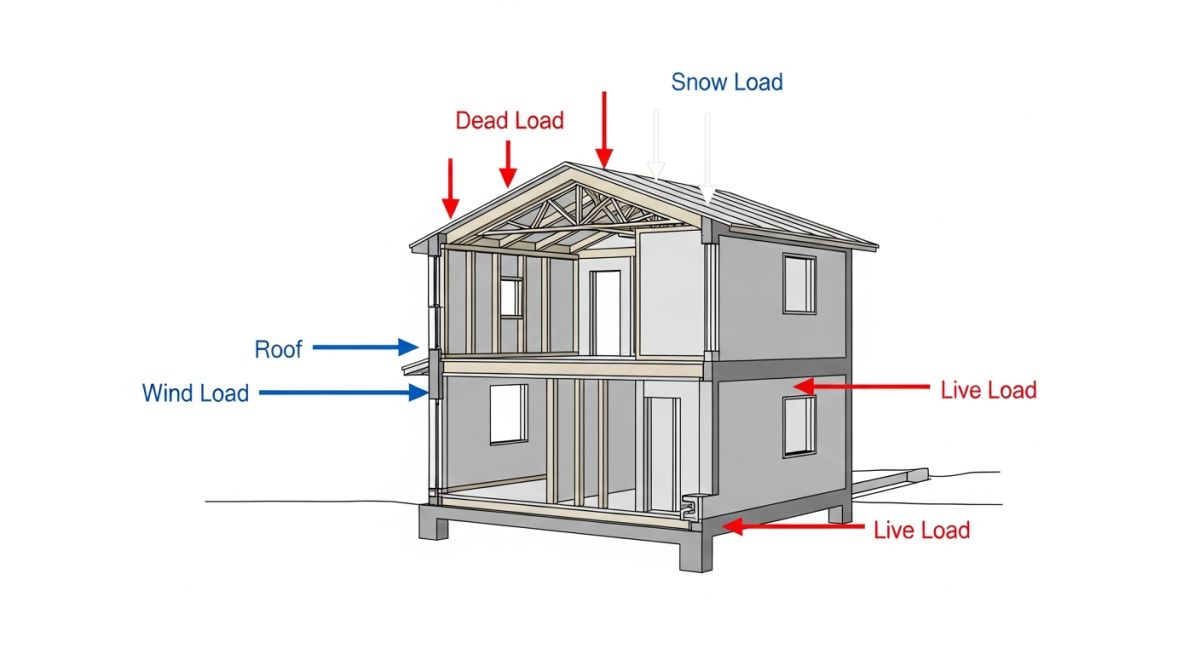Technical diagram illustrating dead, live, wind, and seismic load paths on a multi-story building frame