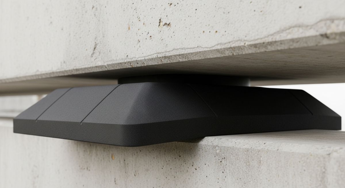 A heavy-duty black neoprene bearing pad installed under a concrete bridge girder for structural support.